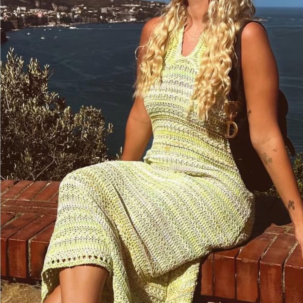 Zara Light Yellow Crochet Knit Maxi Dress - Women's